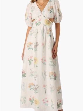 Petal & Pup Cream Floral Cutout Puff-Sleeve Maxi Dress